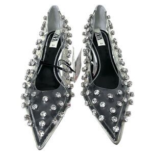 NWT ZARA Clear Vinyl Rhinestone Embellishments Pointed Toe Kitten Heels 37